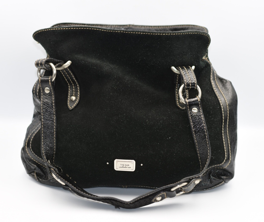 The Sak Black Suede & Patent Leather Satchel Medium Hobo Handbag